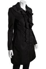 Elie Tahari Black Sateen Leena Hooded Ruffle Zip Front Coat