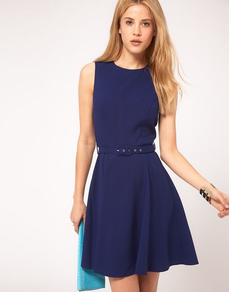 Asos Fit And Flare Dress With Belt in Blue (navy) | Lyst