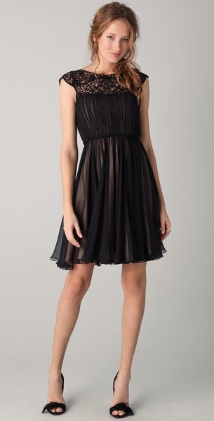 Marchesa Chiffon Dress with Illusion Neckline in Black - Lyst