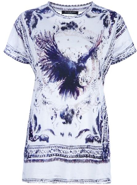 Balmain Eagle Print Tshirt in White - Lyst