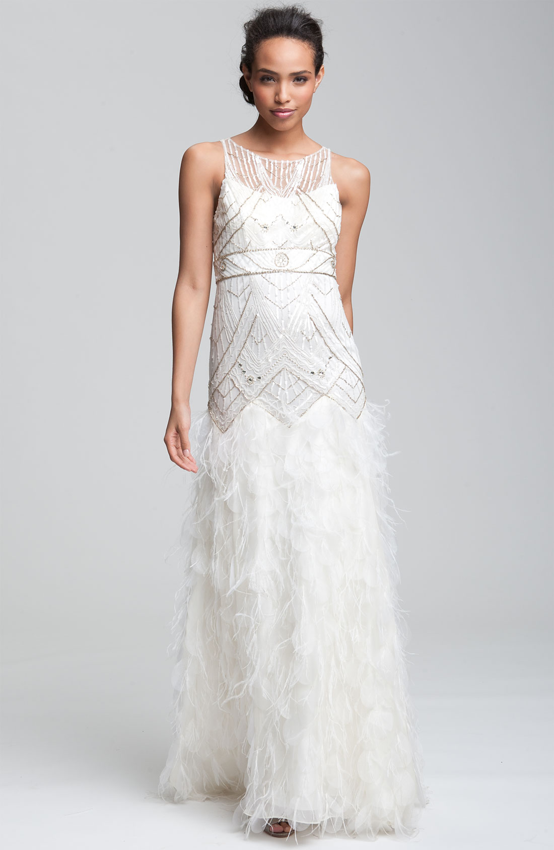 Sue Wong Feather Beaded Gown In White Ivory Lyst 