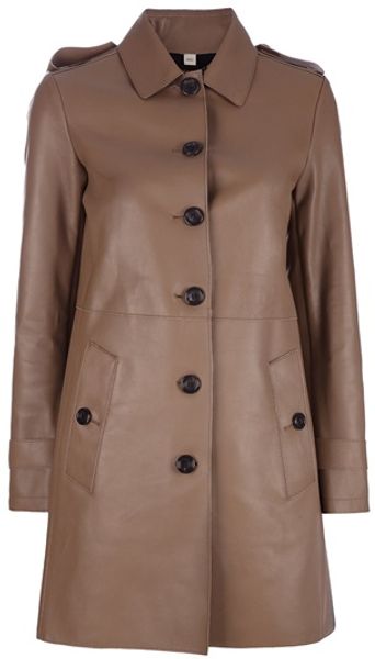 Burberry Single Breasted Leather Coat in Brown - Lyst