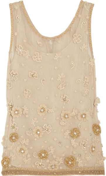 Alice + Olivia Embellished Silkchiffon Top in Beige (nude) - Lyst