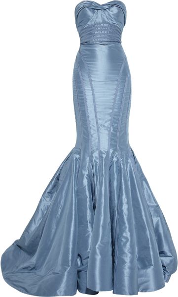 Zac Posen Strapless Taffeta Fishtail Gown in Blue - Lyst
