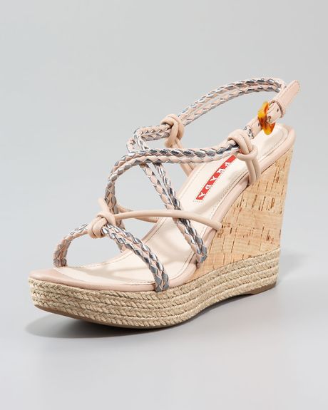 Prada Braided Rope Wedge Sandal in Beige (pink) | Lyst