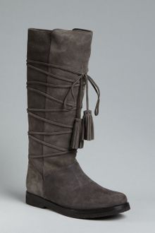 Yves Saint Laurent Grey Suede Tassel Front Flat Boots - Lyst