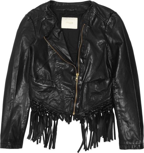 Maje Lemmy Cropped Fringed Leather Jacket in Black - Lyst