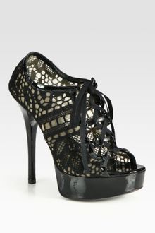 Dolce & Gabbana Crocheted Mesh Patent Leather Peep Toe Ankle Boots - Lyst