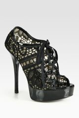 Dolce & Gabbana Crocheted Mesh Patent Leather Peep Toe Ankle Boots