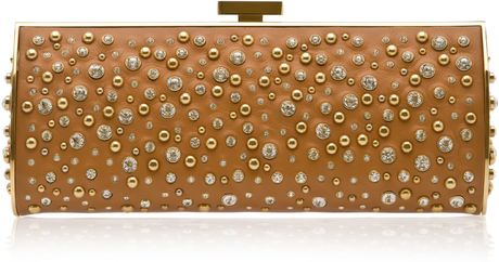 Elie Saab Long Structured Leather and Crystal Clutch in Brown - Lyst