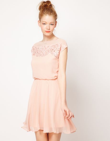 Asos Skater Dress With Daisy Lace in Pink (peach) - Lyst