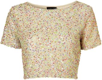 Topshop Premium Sequin Crop Tshirt - Lyst