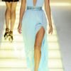 Versace Leather Trimmed Pleated Satin Jersey Gown in Blue - Lyst