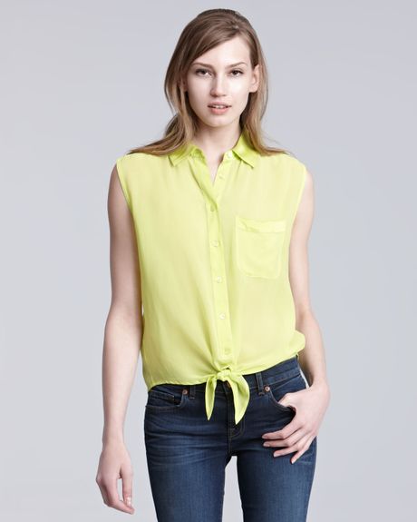 Equipment Tie Front Sleeveless Blouse in Yellow (lime punch) - Lyst