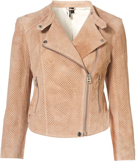 Topshop Perforated Suede Biker Jacket in Orange (nude) - Lyst