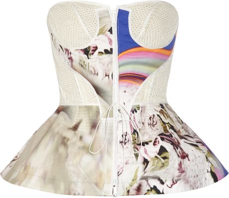 Vera Wang Eyelet Stretchsilk and Printed Crepe Peplum Top in White - Lyst