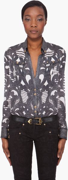 Balmain Deep Vneck Silk Blouse in Gray (charcoal) - Lyst