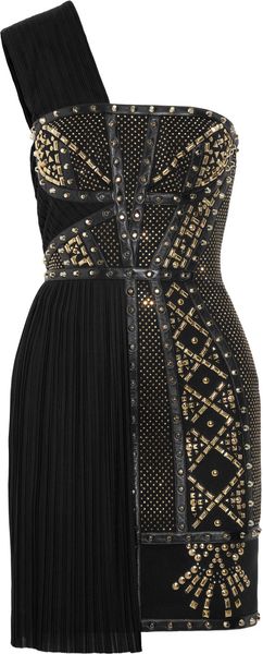 Versace Leathertrimmed Studded Plissé and Scubajersey Dress - Lyst