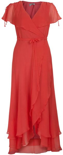 Almost Famous Chiffon Wrap Maxi in Red (coral) - Lyst