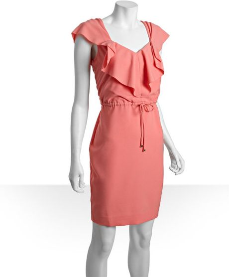 Calvin Klein Crepe Tie Waist Ruffle Front Dress in Pink - Lyst