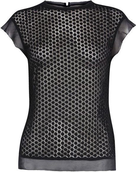 Karen Millen Woven Broderie Tshirt in Black - Lyst