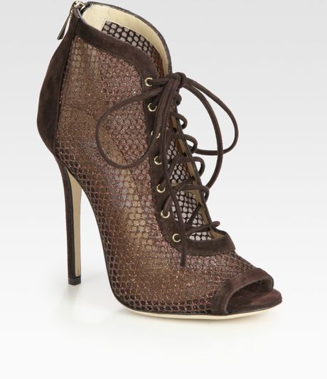 Jimmy Choo Tegan Laceup Suede and Glittercoated Mesh Peep Toe Ankle Boots in Brown - Lyst