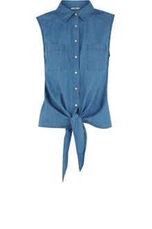 Oasis Oasis Denim Sleeveless Tie Front Shirt - Lyst