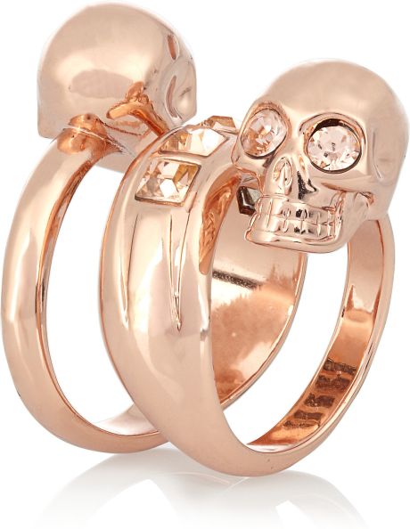 Alexander Mcqueen Swarovski Crystal Doubleskull Ring in Gold - Lyst