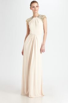 Badgley Mischka Beaded Capsleeve Gown - Lyst