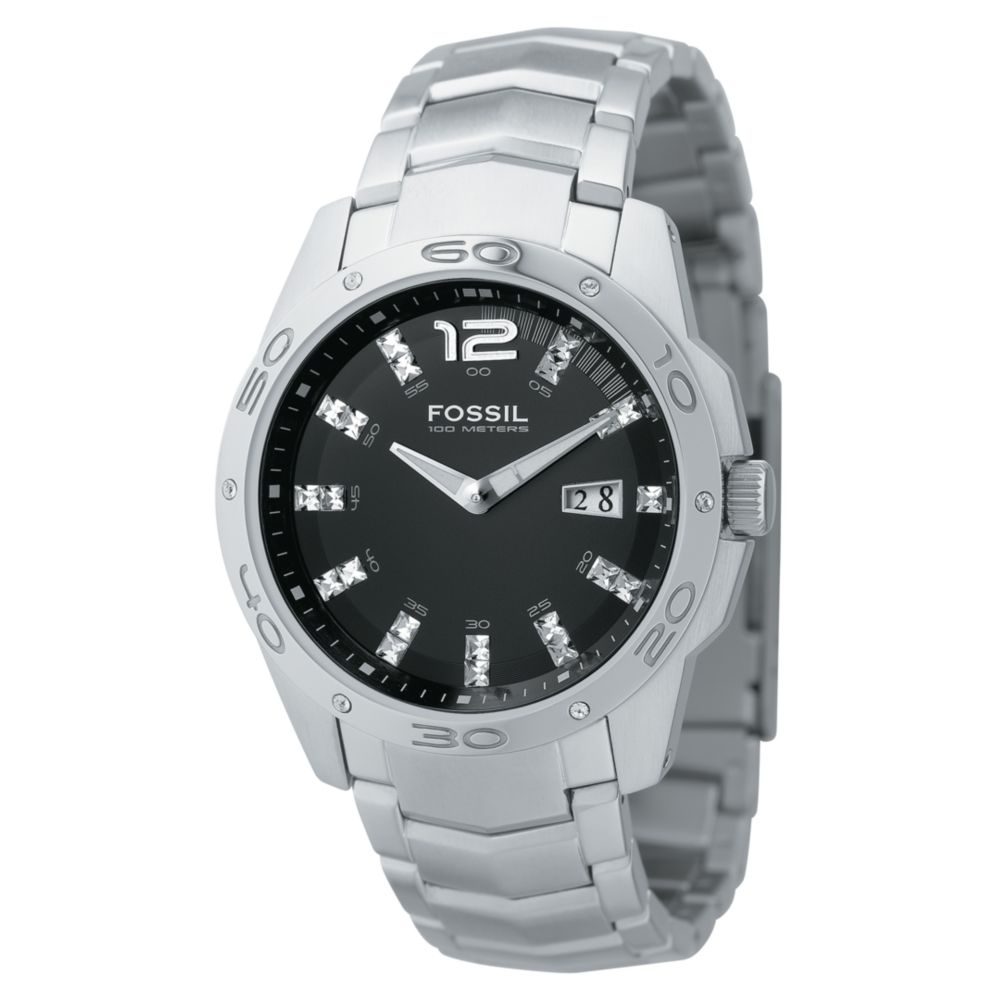 fossil black and silver watch