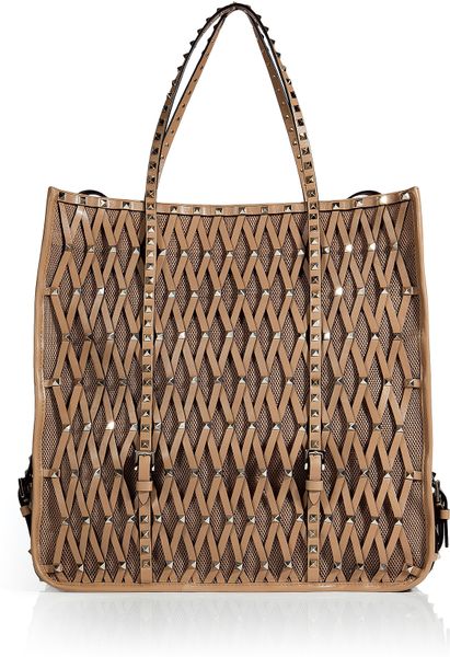 Valentino Sun Tan Studded Mesh Leather Bag in Brown (tan) - Lyst