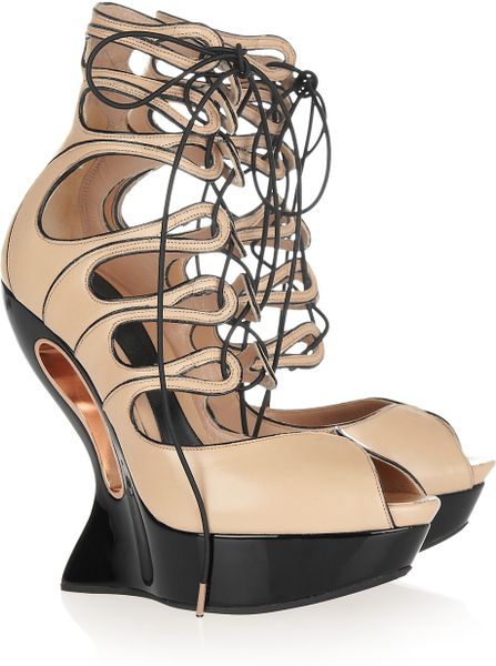 Alexander Mcqueen Laceup Leather Wedge Sandals in Black (almond) - Lyst