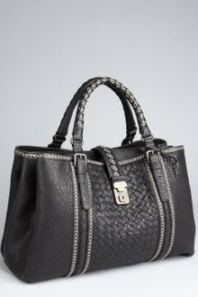 Bottega Veneta Black Intrecciato Leather Stripe Roma Tote - Lyst