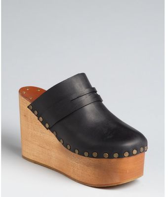  Black Studded Leather Stacked Wood Heel Clogs 