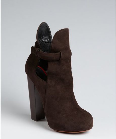 Celine Dark Brown Suede Cutout Stacked Heel Platform Booties in Brown - Lyst