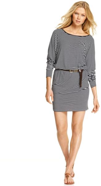  Boatneck Long Sleeve Striped Belted 