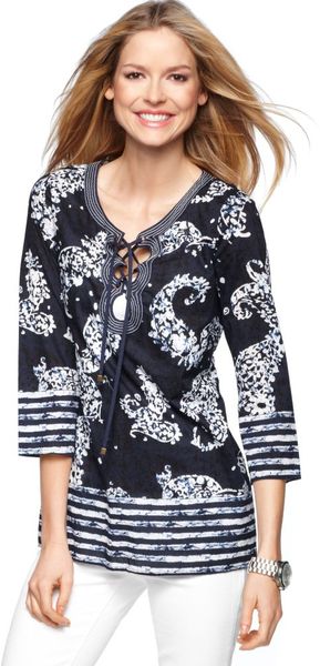  Split Neck Three Quarter Paisley Striped Printed Lace Up Embroidered Tunic 