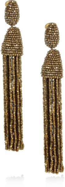 Oscar De La Renta Beaded Tassel Clip Earrings in Gold - Lyst