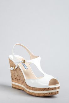 Prada White Patent Leather and Cork Peep Toe Wedges - Lyst