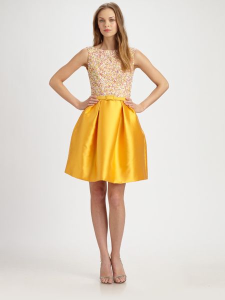 Theia Sequined Satin Dress in Gold (saffron) - Lyst