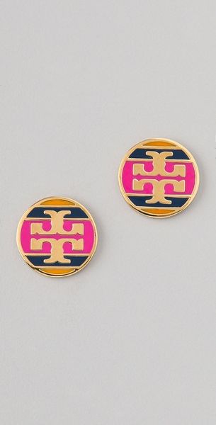 Tory Burch Striped Logo Stud Earring in Purple (magenta) - Lyst