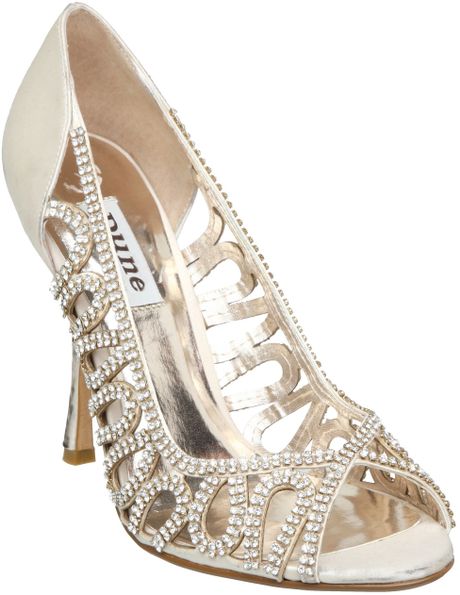 Dune Divine D Looped Diamante Peep Toe Court Shoes in Gold (ivory ...