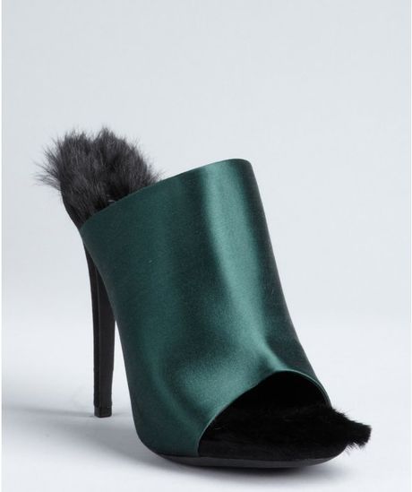 Celine Emerald Green Satin Rabbit Fur Lined Peep Toe Pumps in Green (emerald) - Lyst