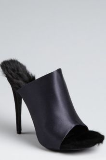 Celine Navy Satin Rabbit Fur Lined Peep Toe Pumps - Lyst