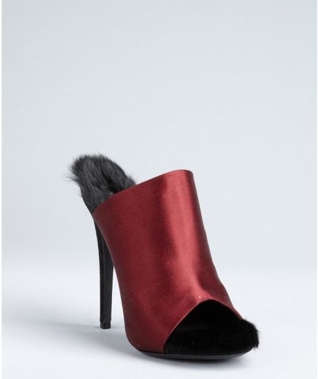 Celine Wine Satin Rabbit Fur Lined Peep Toe Pumps in Red (wine) - Lyst