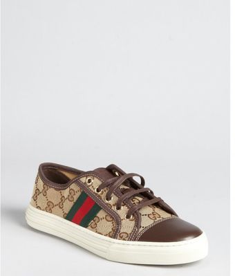 Gucci Beige Gg Canvas and Leather Web Stripe Sneakers - Lyst