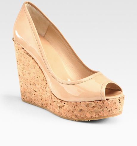 Jimmy Choo Papina Patent Leather Wedge Sandals in Beige (nude) - Lyst