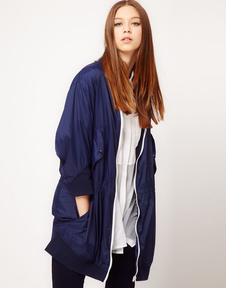 Asos Asos Revive Longline Bomber Jacket in Blue (navywhite) | Lyst