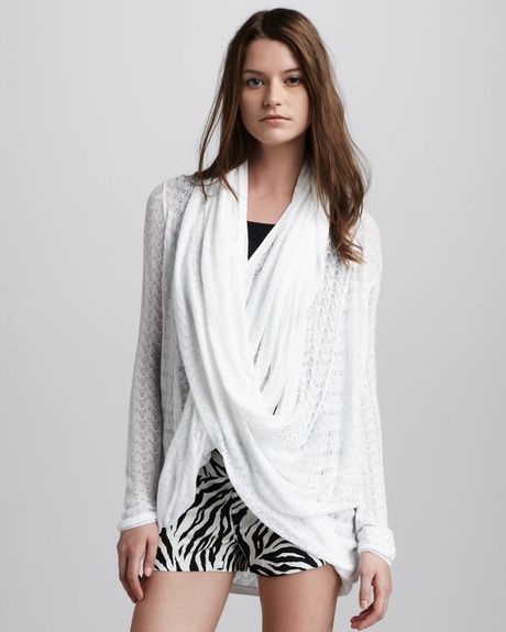 Alice + Olivia Pointelle Drapedwrap Sweater in White - Lyst