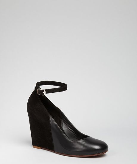 Celine Black Leather and Suede Ankle Strap Wedges in Black | Lyst